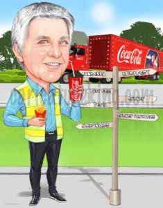 Retirement caricature gift for a man who worked for cocal cola