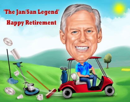 A caricature of a man retiring to play golf - gift from workmates